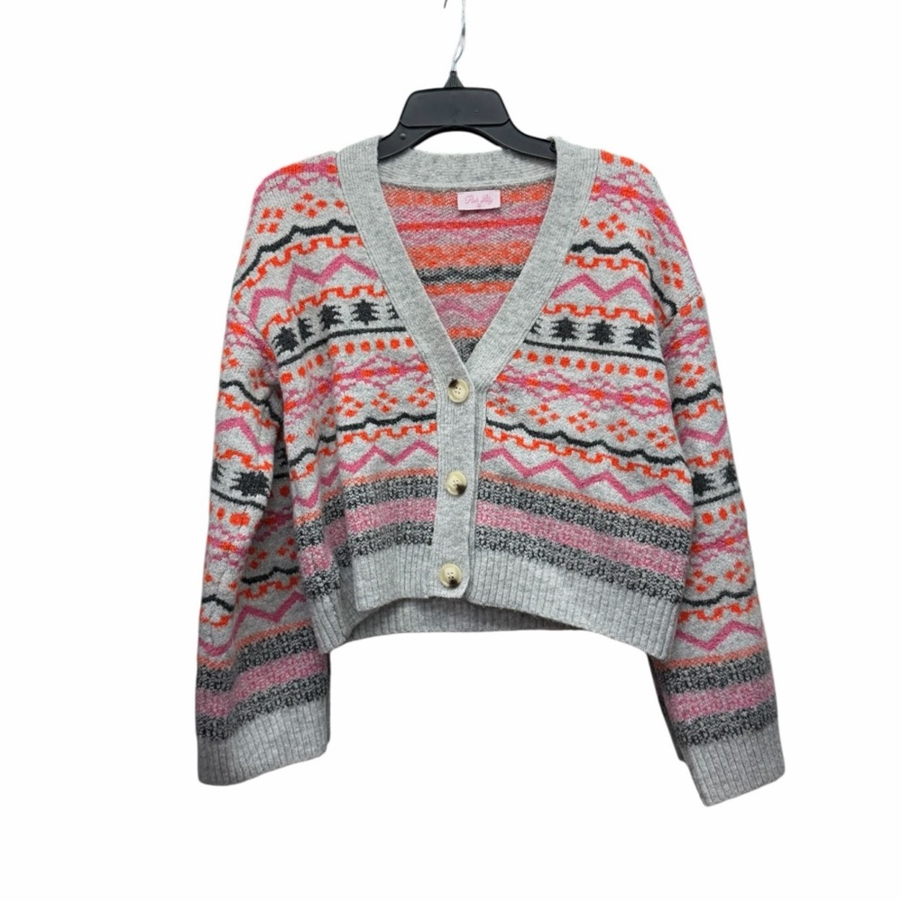 Pink Lily Fair Isle Gray and Pink Patterned Cardigan size Medium